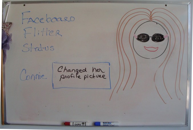 Connie changes her Faceboard Flitter profile pic.